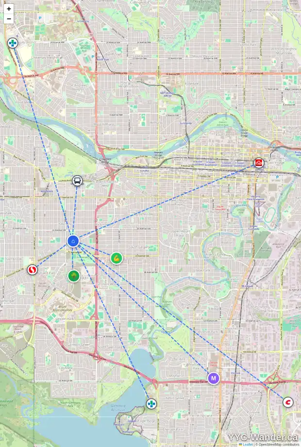Daily accessibility map for 3021 27 ST SW, Calgary showing nearby schools, grocery stores, parks, LRT stations and nearby amenities