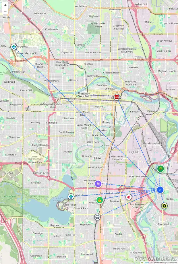 Daily accessibility map for 1755 66 AV SE, Calgary showing nearby schools, grocery stores, parks, LRT stations and nearby amenities
