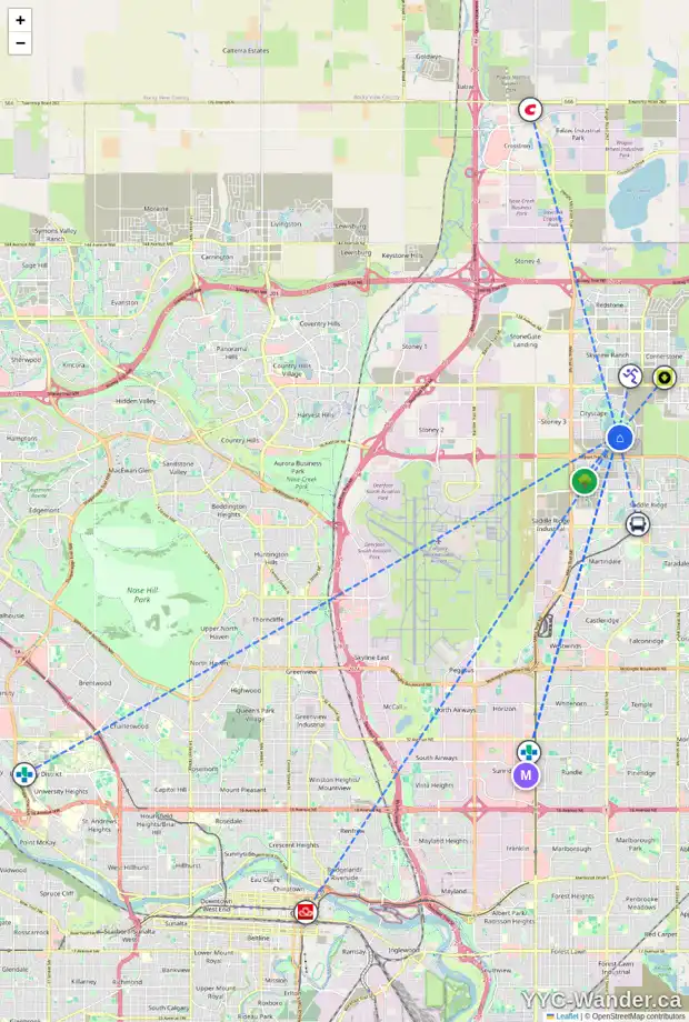 Daily accessibility map for 128 CITYSIDE VW NE, Calgary showing nearby schools, grocery stores, parks, LRT stations and nearby amenities
