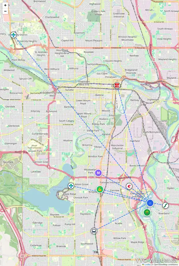 Daily accessibility map for 180 RIVERSIDE CI SE, Calgary showing nearby schools, grocery stores, parks, LRT stations and nearby amenities