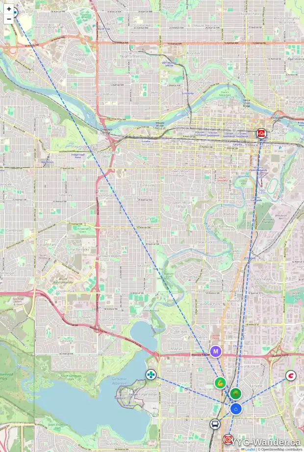 Daily accessibility map for 36 FAY RD SE, Calgary showing nearby schools, grocery stores, parks, LRT stations and nearby amenities