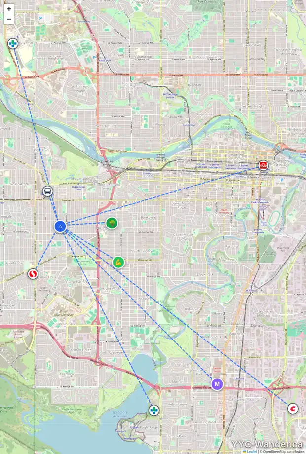 Daily accessibility map for 2432 31 ST SW, Calgary showing nearby schools, grocery stores, parks, LRT stations and nearby amenities
