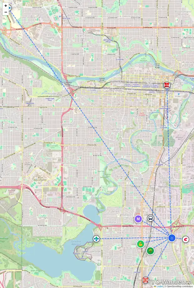Daily accessibility map for 7116 FOUNTAIN RD SE, Calgary showing nearby schools, grocery stores, parks, LRT stations and nearby amenities