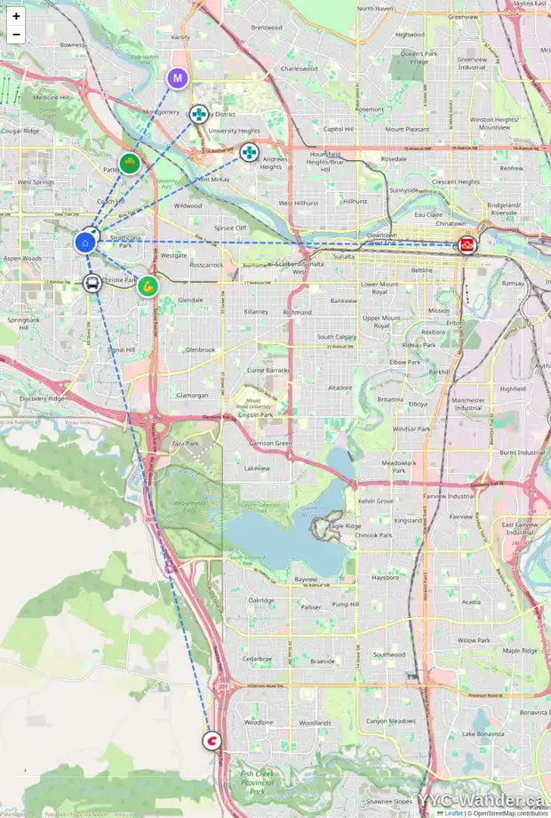 Daily accessibility map for 17 1359 69 ST SW, Calgary showing nearby schools, grocery stores, parks, LRT stations and nearby amenities