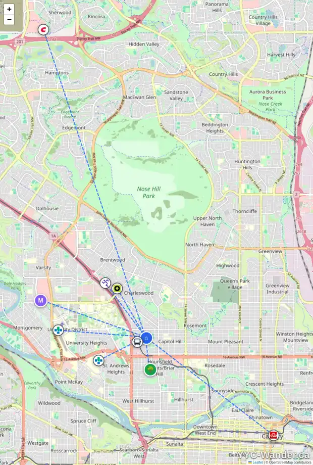 Daily accessibility map for 2357 22 ST NW, Calgary showing nearby schools, grocery stores, parks, LRT stations and nearby amenities