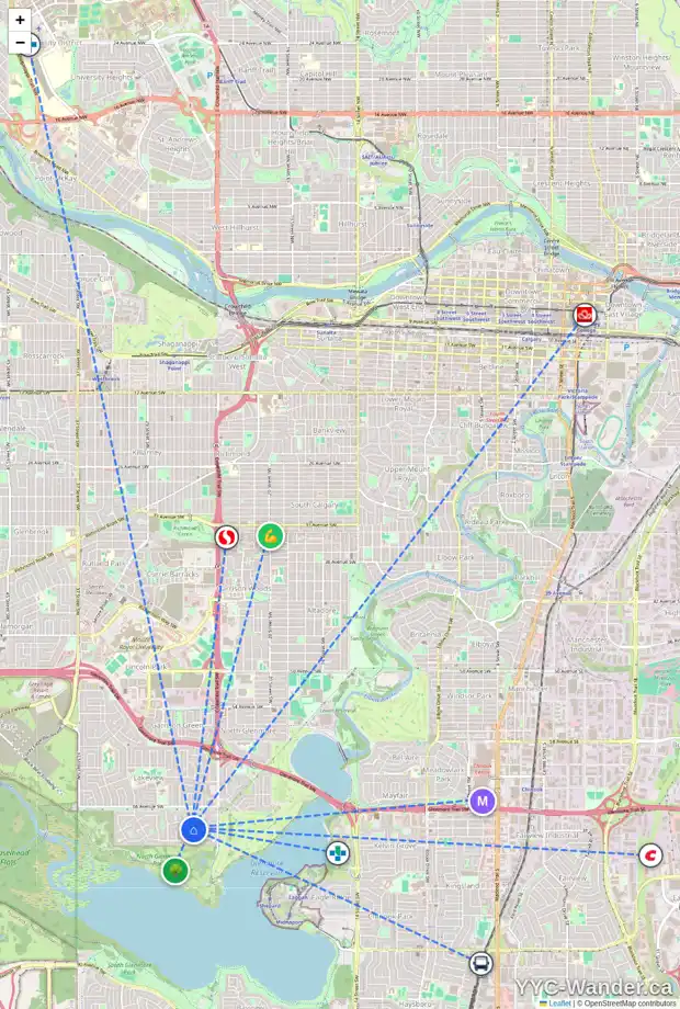 Daily accessibility map for 6907 LAMONT CO SW, Calgary showing nearby schools, grocery stores, parks, LRT stations and nearby amenities