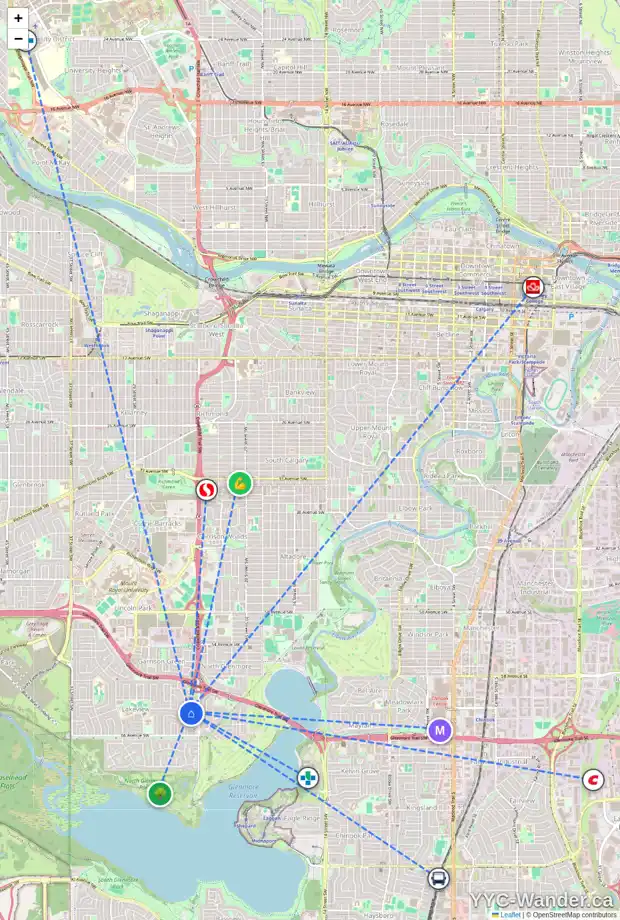 Daily accessibility map for 2604 63 AV SW, Calgary showing nearby schools, grocery stores, parks, LRT stations and nearby amenities