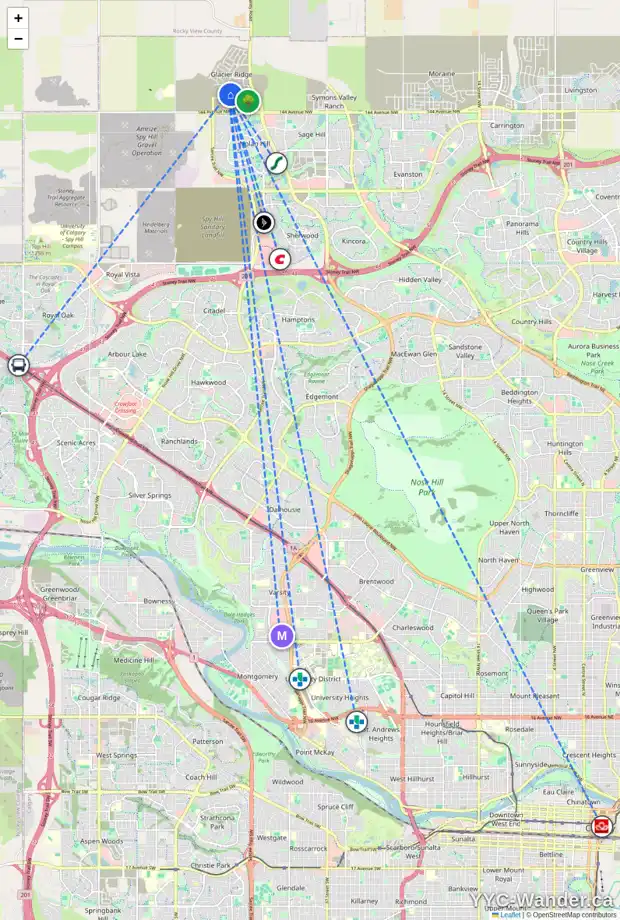 Daily accessibility map for 50 EDITH GR NW, Calgary showing nearby schools, grocery stores, parks, LRT stations and nearby amenities