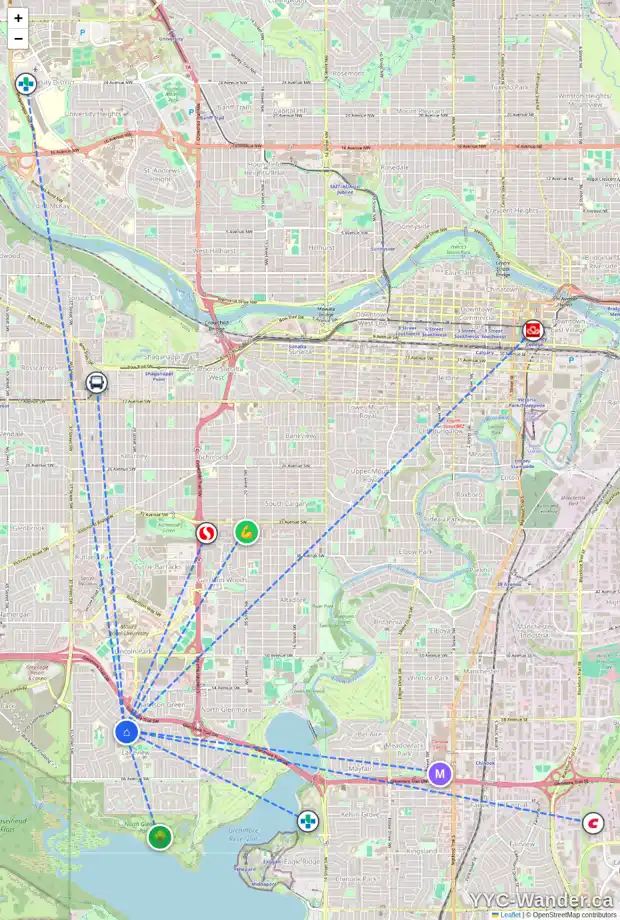Daily accessibility map for 3441 LANE CR SW, Calgary showing nearby schools, grocery stores, parks, LRT stations and nearby amenities