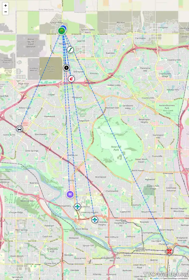 Daily accessibility map for 102 AQUILA DR NW, Calgary showing nearby schools, grocery stores, parks, LRT stations and nearby amenities