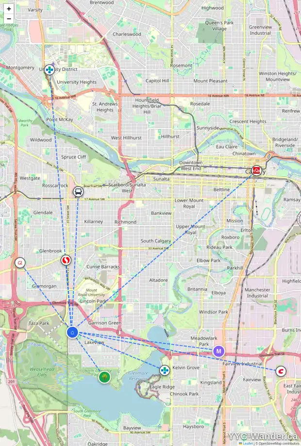 Daily accessibility map for 3711 58 AV SW, Calgary showing nearby schools, grocery stores, parks, LRT stations and nearby amenities