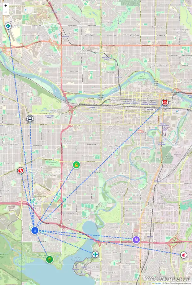 Daily accessibility map for 6108 LEWIS DR SW, Calgary showing nearby schools, grocery stores, parks, LRT stations and nearby amenities