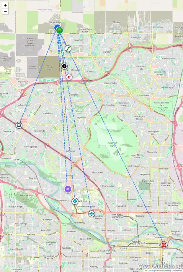 Daily accessibility map for 63 EDITH RO NW, Calgary showing nearby schools, grocery stores, parks, LRT stations and nearby amenities