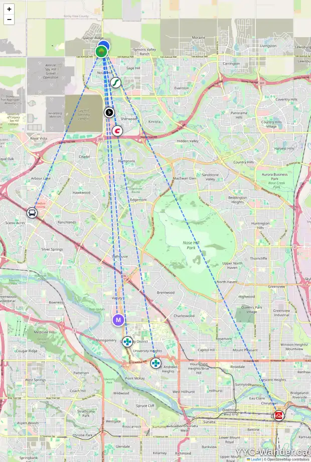 Daily accessibility map for 42 EDITH CR NW, Calgary showing nearby schools, grocery stores, parks, LRT stations and nearby amenities