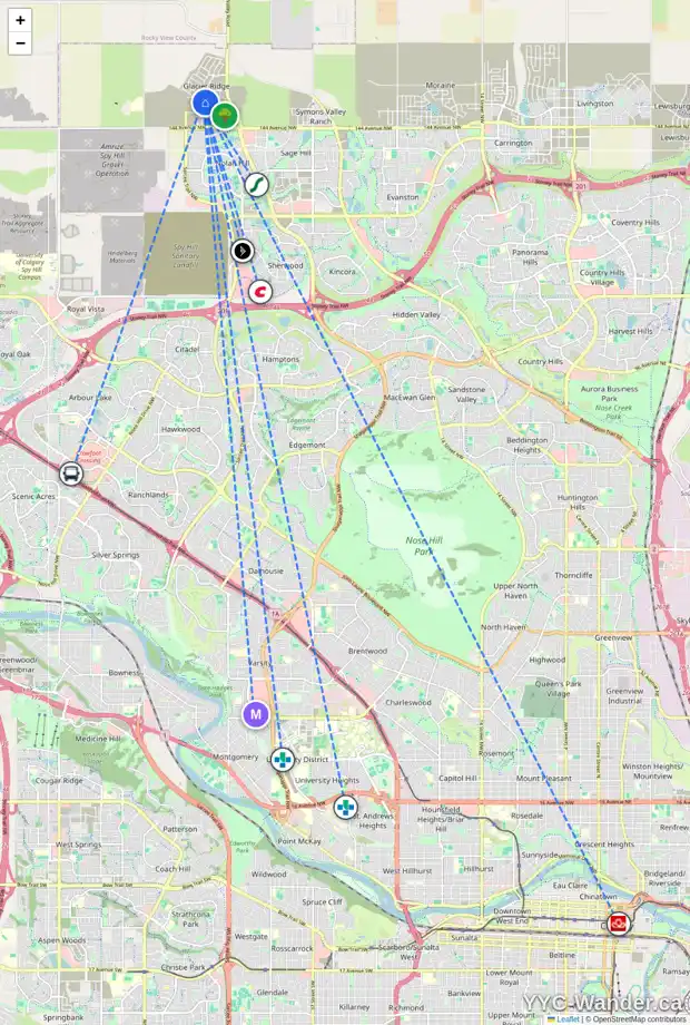 Daily accessibility map for 118 EDITH GR NW, Calgary showing nearby schools, grocery stores, parks, LRT stations and nearby amenities