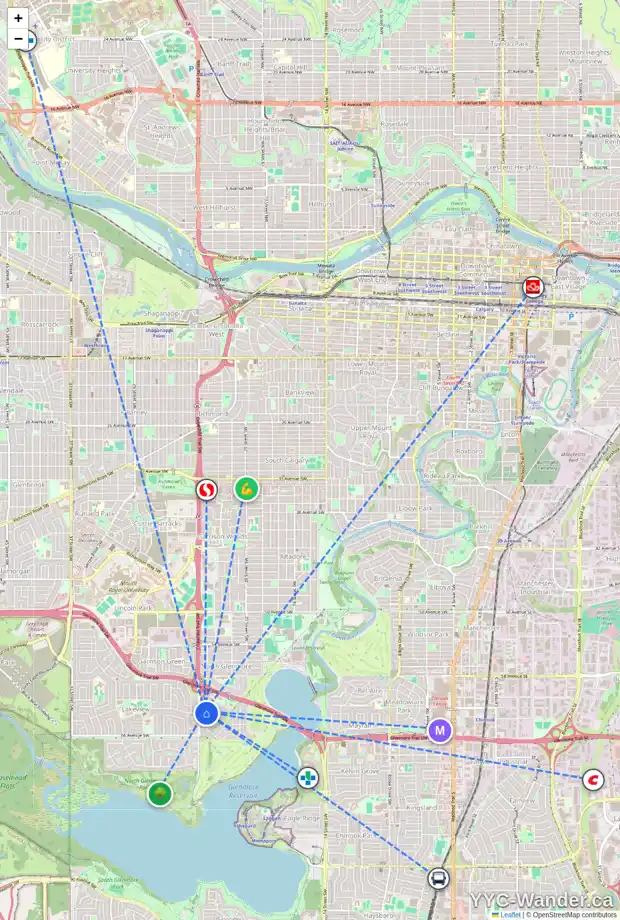 Daily accessibility map for 6431 LOMBARDY CR SW, Calgary showing nearby schools, grocery stores, parks, LRT stations and nearby amenities