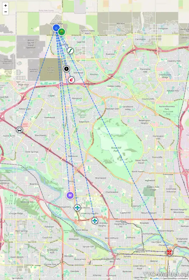 Daily accessibility map for 134 EDITH GR NW, Calgary showing nearby schools, grocery stores, parks, LRT stations and nearby amenities
