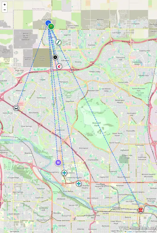 Daily accessibility map for 61 EDITH VW NW, Calgary showing nearby schools, grocery stores, parks, LRT stations and nearby amenities