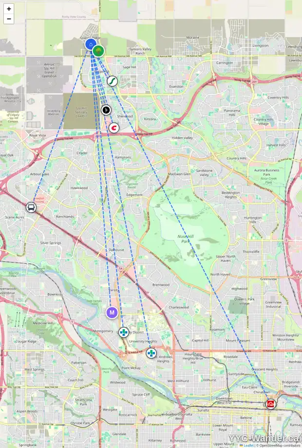 Daily accessibility map for 99 EDITH PS NW, Calgary showing nearby schools, grocery stores, parks, LRT stations and nearby amenities