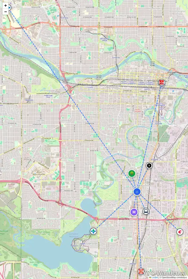 Daily accessibility map for 411 54 AV SW, Calgary showing nearby schools, grocery stores, parks, LRT stations and nearby amenities