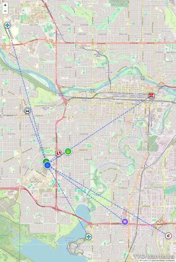 Daily accessibility map for 293 DIEPPE DR SW, Calgary showing nearby schools, grocery stores, parks, LRT stations and nearby amenities