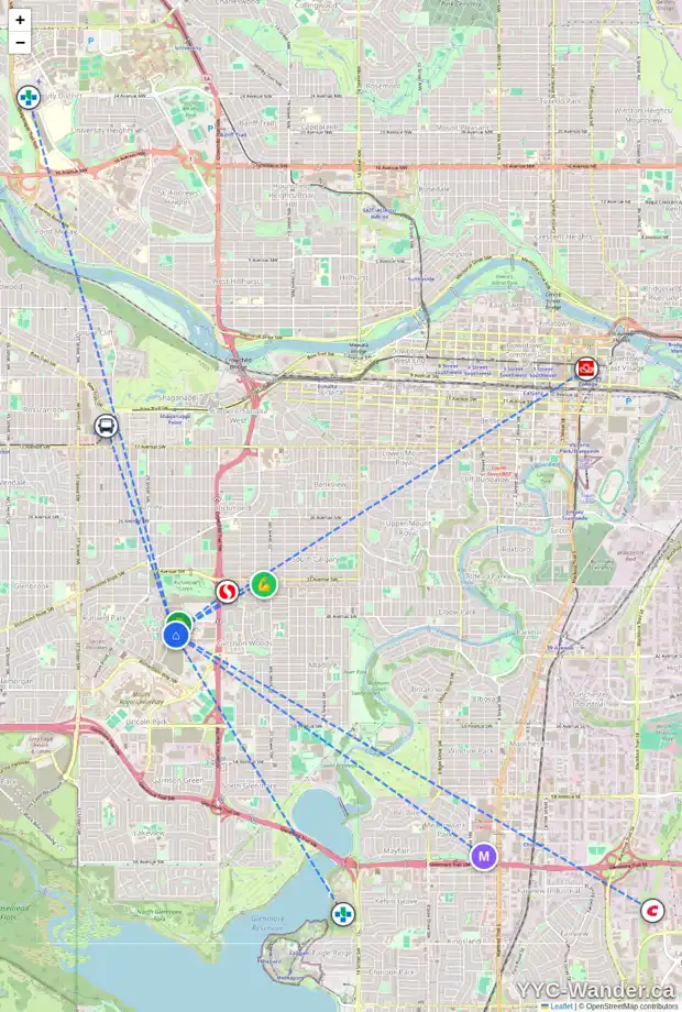 Daily accessibility map for 33 CURRIE ST SW, Calgary showing nearby schools, grocery stores, parks, LRT stations and nearby amenities