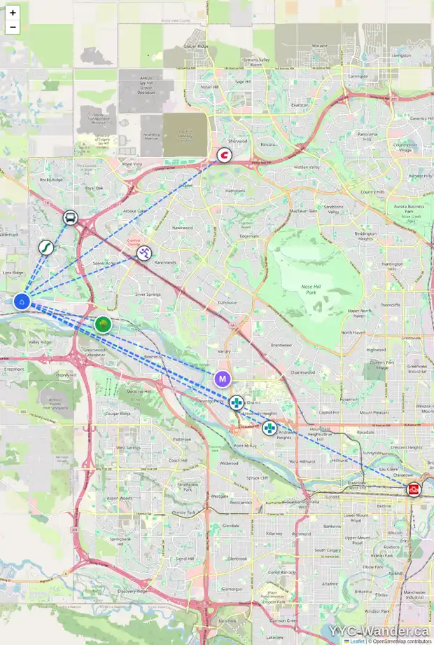 Daily accessibility map for 26 CRIMSON RIDGE RI NW, Calgary showing nearby schools, grocery stores, parks, LRT stations and nearby amenities