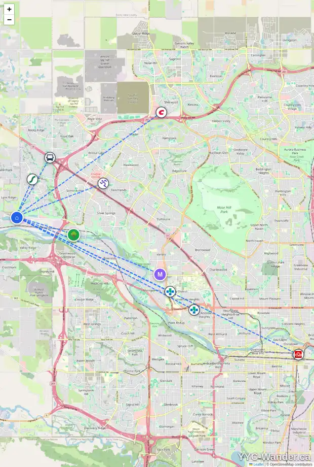 Daily accessibility map for 52 CRIMSON RIDGE HT NW, Calgary showing nearby schools, grocery stores, parks, LRT stations and nearby amenities