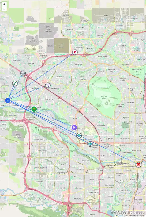Daily accessibility map for 324 CRIMSON RIDGE PL NW, Calgary showing nearby schools, grocery stores, parks, LRT stations and nearby amenities