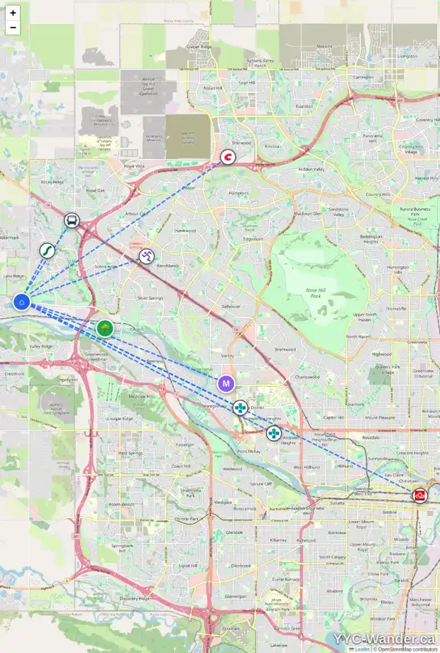Daily accessibility map for 385 CRIMSON RIDGE PL NW, Calgary showing nearby schools, grocery stores, parks, LRT stations and nearby amenities