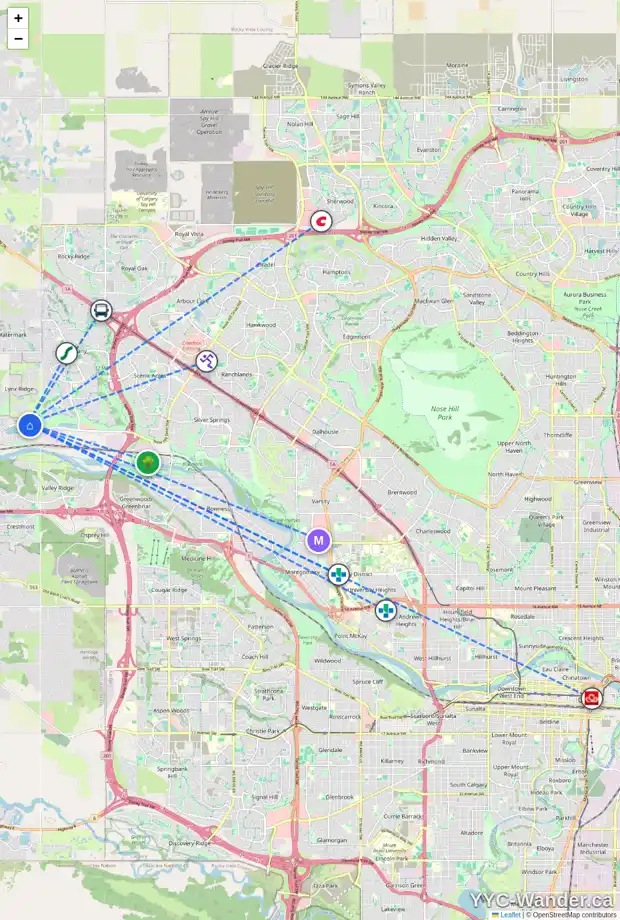 Daily accessibility map for 389 CRIMSON RIDGE PL NW, Calgary showing nearby schools, grocery stores, parks, LRT stations and nearby amenities