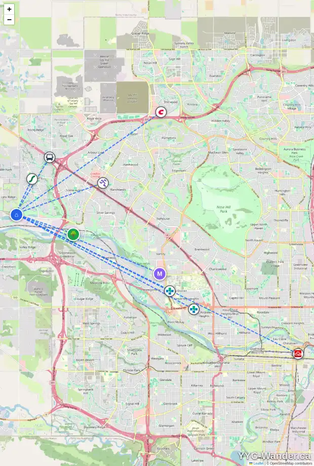 Daily accessibility map for 308 CRIMSON RIDGE PL NW, Calgary showing nearby schools, grocery stores, parks, LRT stations and nearby amenities