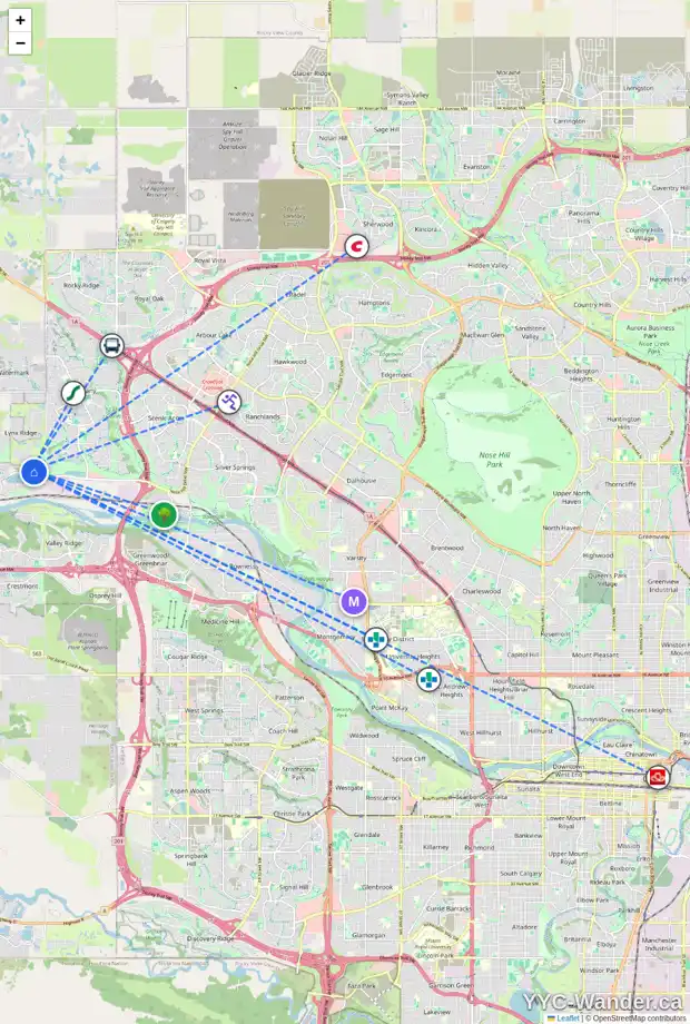 Daily accessibility map for 249 CRIMSON RIDGE PL NW, Calgary showing nearby schools, grocery stores, parks, LRT stations and nearby amenities