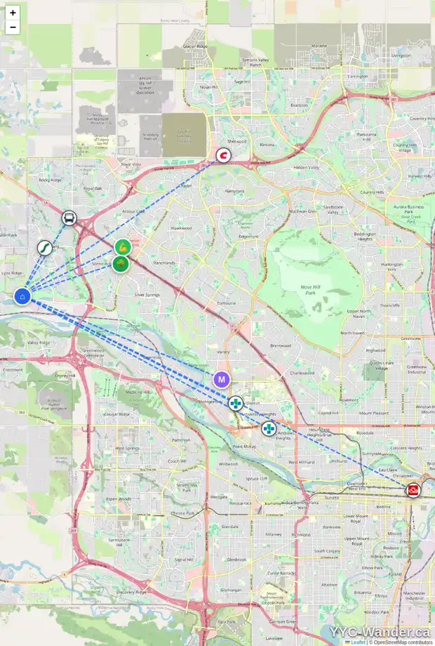 Daily accessibility map for 288 CRIMSON RIDGE PL NW, Calgary showing nearby schools, grocery stores, parks, LRT stations and nearby amenities