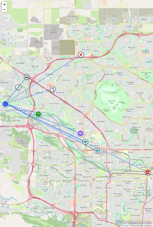 Daily accessibility map for 30 CRIMSON RIDGE CV NW, Calgary showing nearby schools, grocery stores, parks, LRT stations and nearby amenities
