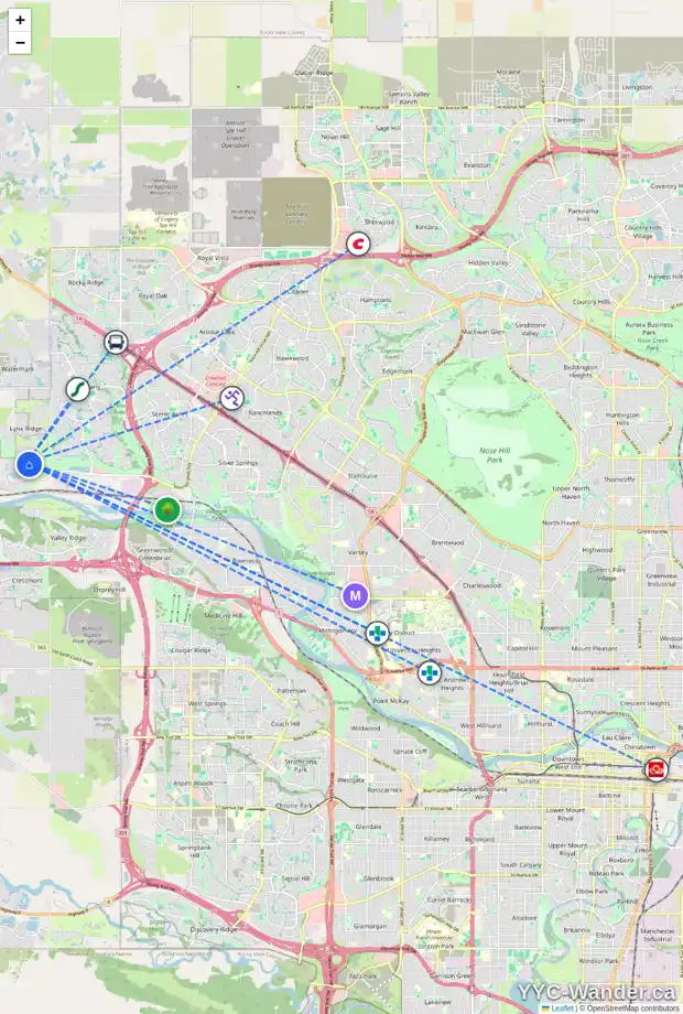 Daily accessibility map for 156 CRIMSON RIDGE PL NW, Calgary showing nearby schools, grocery stores, parks, LRT stations and nearby amenities