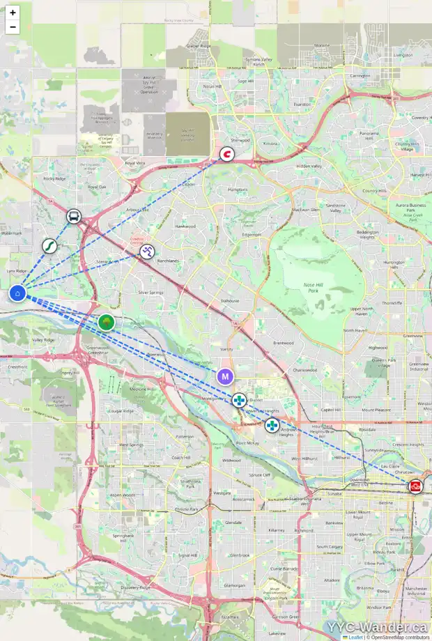 Daily accessibility map for 136 CRIMSON RIDGE PL NW, Calgary showing nearby schools, grocery stores, parks, LRT stations and nearby amenities