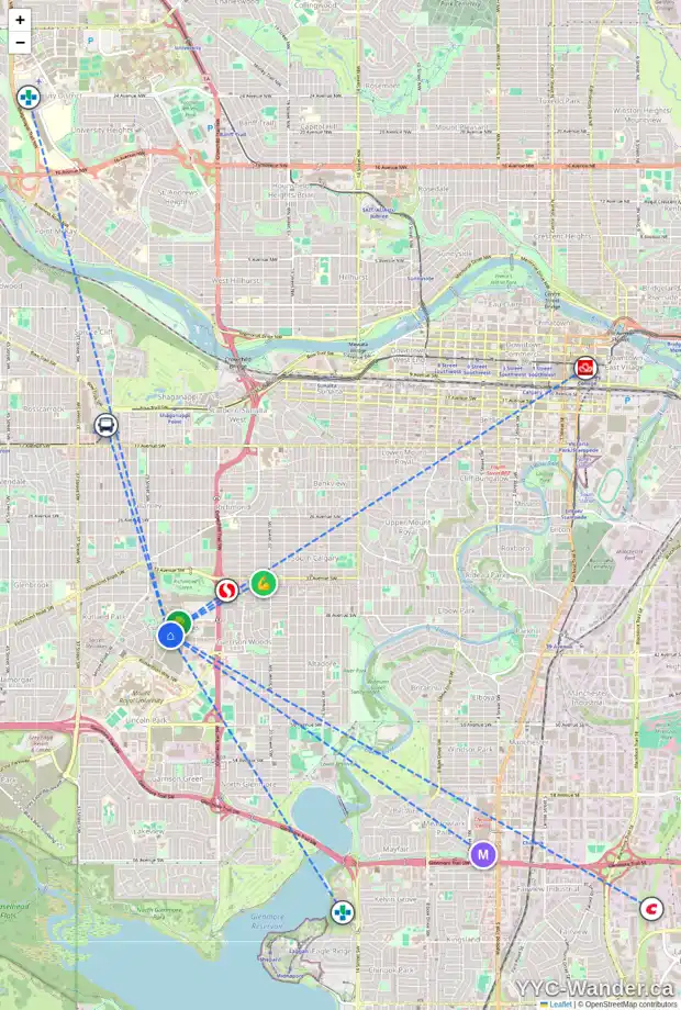 Daily accessibility map for 14 CURRIE WK SW, Calgary showing nearby schools, grocery stores, parks, LRT stations and nearby amenities