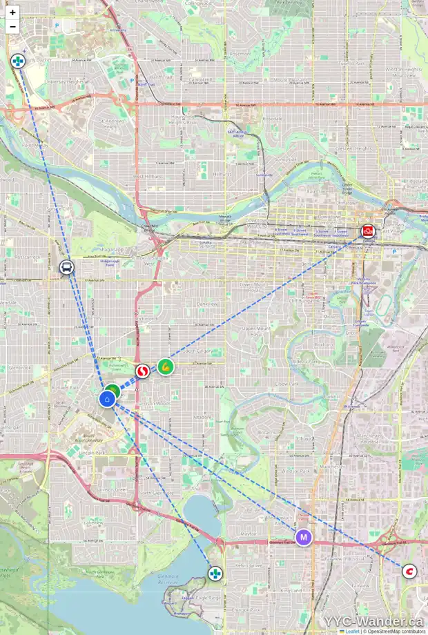 Daily accessibility map for 6 CURRIE WK SW, Calgary showing nearby schools, grocery stores, parks, LRT stations and nearby amenities