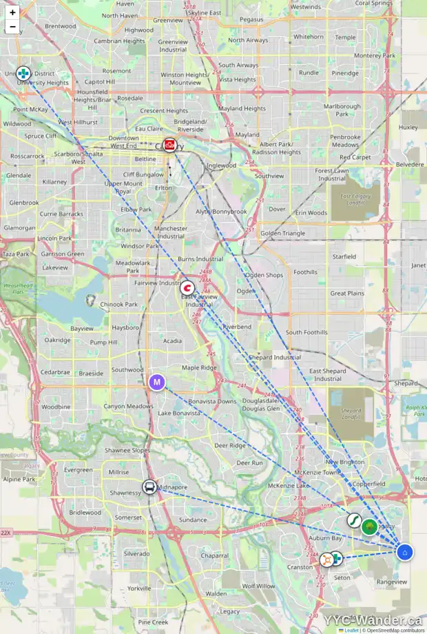 Daily accessibility map for 268 MAGNOLIA CR SE, Calgary showing nearby schools, grocery stores, parks, LRT stations and nearby amenities