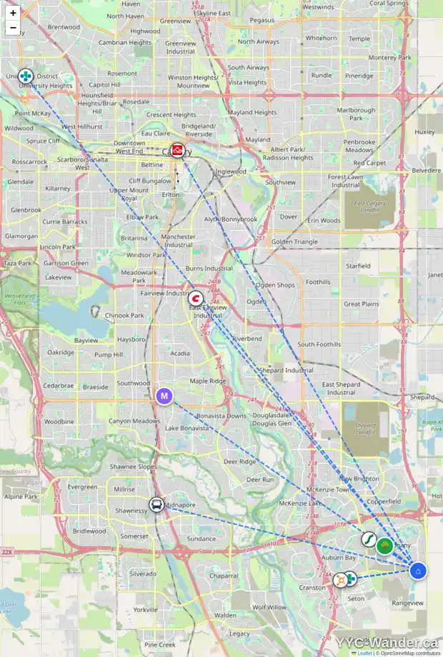 Daily accessibility map for 319 MAGNOLIA CR SE, Calgary showing nearby schools, grocery stores, parks, LRT stations and nearby amenities