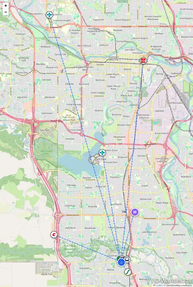 Daily accessibility map for 3201 14645 6 ST SW, Calgary showing nearby schools, grocery stores, parks, LRT stations and nearby amenities