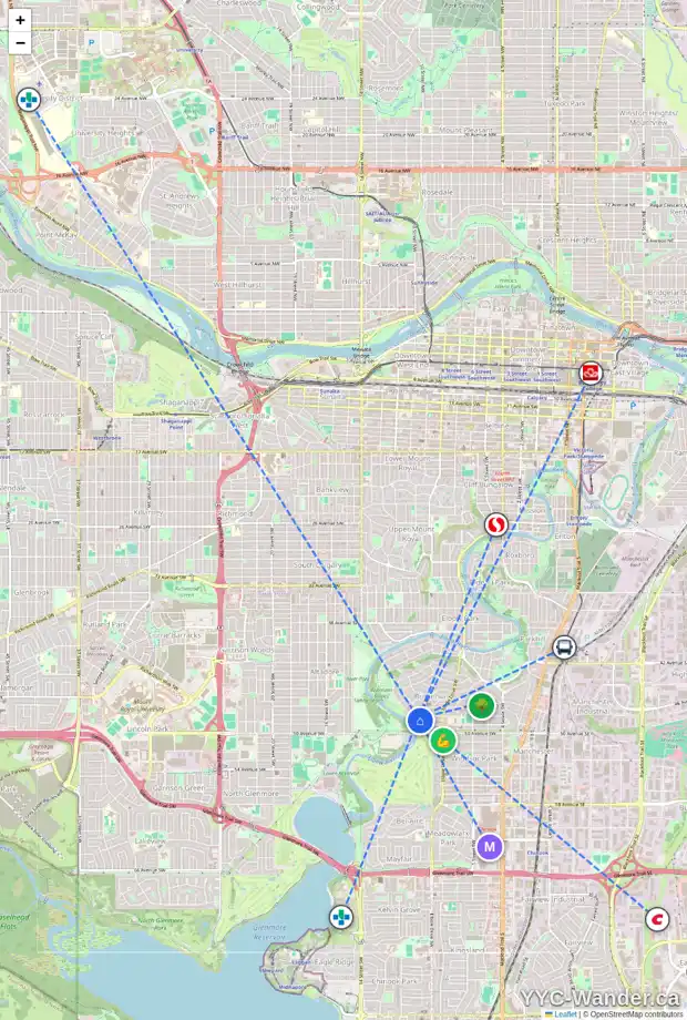 Daily accessibility map for 4904 BRITANNIA DR SW, Calgary showing nearby schools, grocery stores, parks, LRT stations and nearby amenities