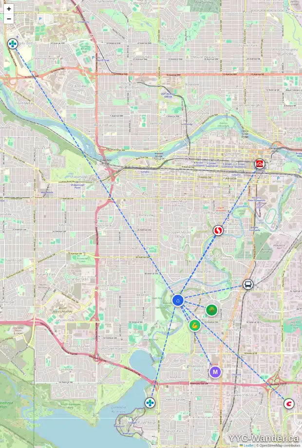 Daily accessibility map for 4512 BRITANNIA DR SW, Calgary showing nearby schools, grocery stores, parks, LRT stations and nearby amenities