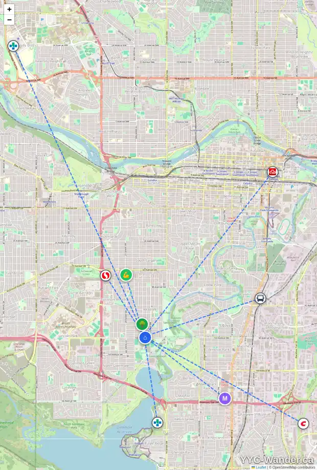Daily accessibility map for 1738 50 AV SW, Calgary showing nearby schools, grocery stores, parks, LRT stations and nearby amenities