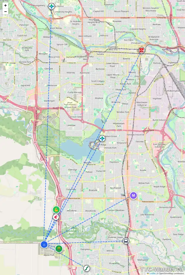 Daily accessibility map for 56 VERSANT PT SW, Calgary showing nearby schools, grocery stores, parks, LRT stations and nearby amenities