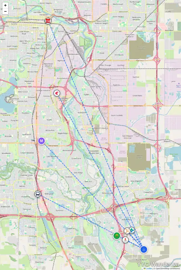 Daily accessibility map for 20429 45 ST SE, Calgary showing nearby schools, grocery stores, parks, LRT stations and nearby amenities