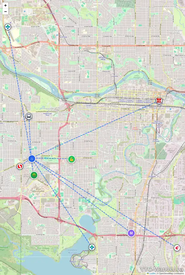 Daily accessibility map for 3436 33 ST SW, Calgary showing nearby schools, grocery stores, parks, LRT stations and nearby amenities