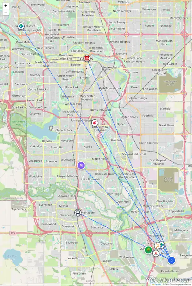 Daily accessibility map for 20313 45 ST SE, Calgary showing nearby schools, grocery stores, parks, LRT stations and nearby amenities