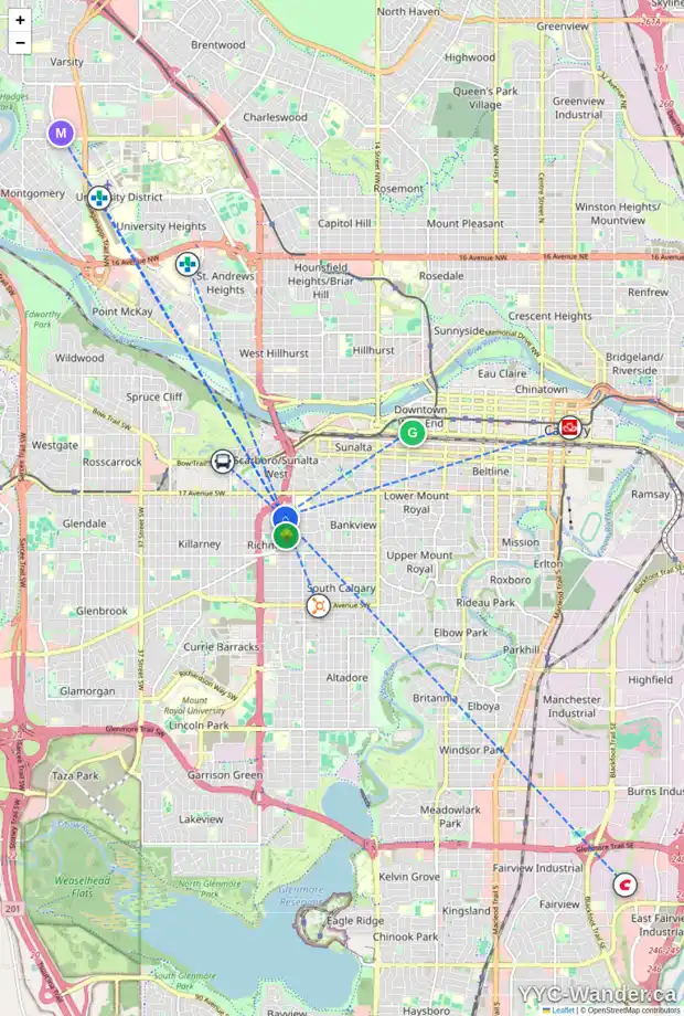 Daily accessibility map for 2235 20 AV SW, Calgary showing nearby schools, grocery stores, parks, LRT stations and nearby amenities